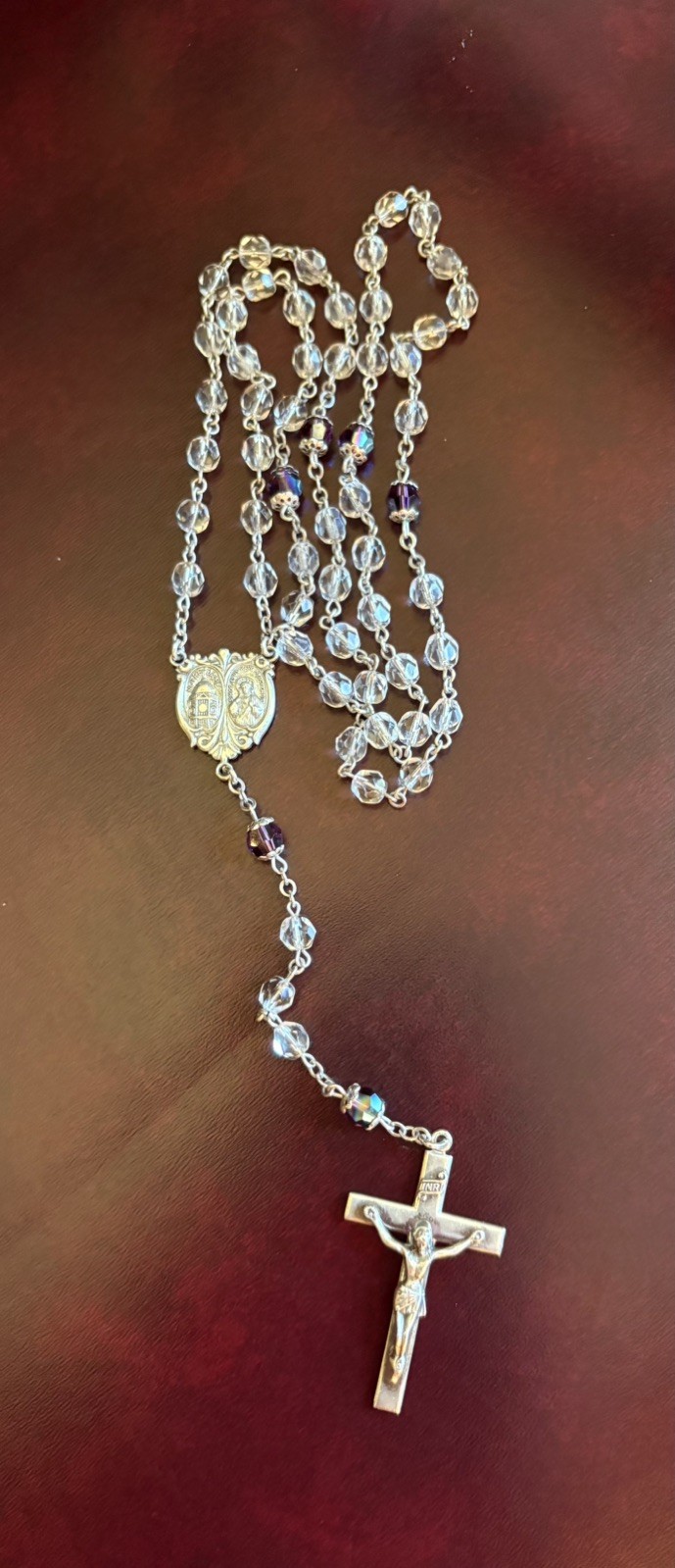 Vintage Sterling Silver Rosary w/ purple crystal- Creed 20”