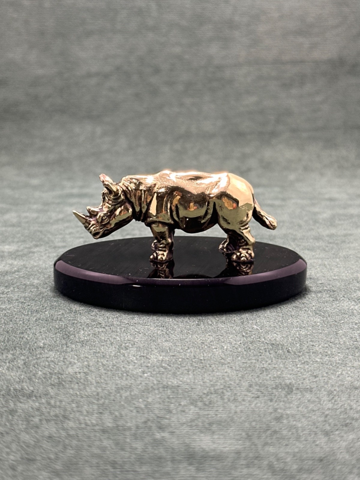 Art Deco Rhinoceros Figurine Cast Bronze Statuette Pedestal Black Obsidian Stone