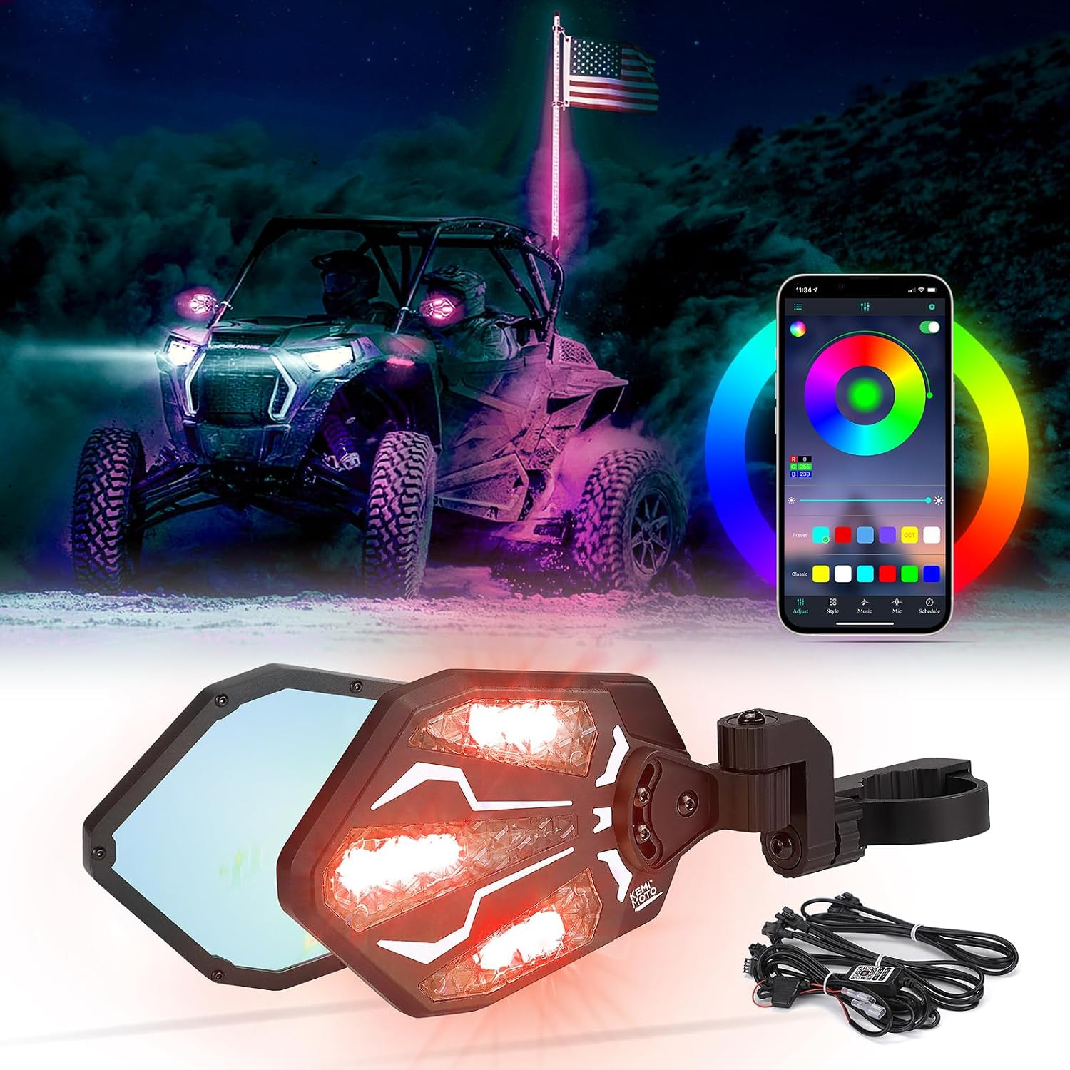 UTV Lighted Side Mirrors, RGB Aluminium UTV Mirror | with 29 Color Modes for 1.6