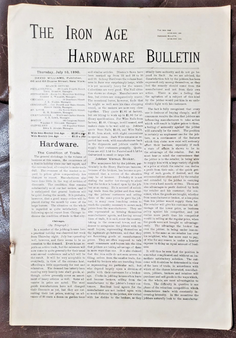 The Iron Age Hardware Bulletin 1890 Tools Metal Whale Oil Rope Razors Wagon Body