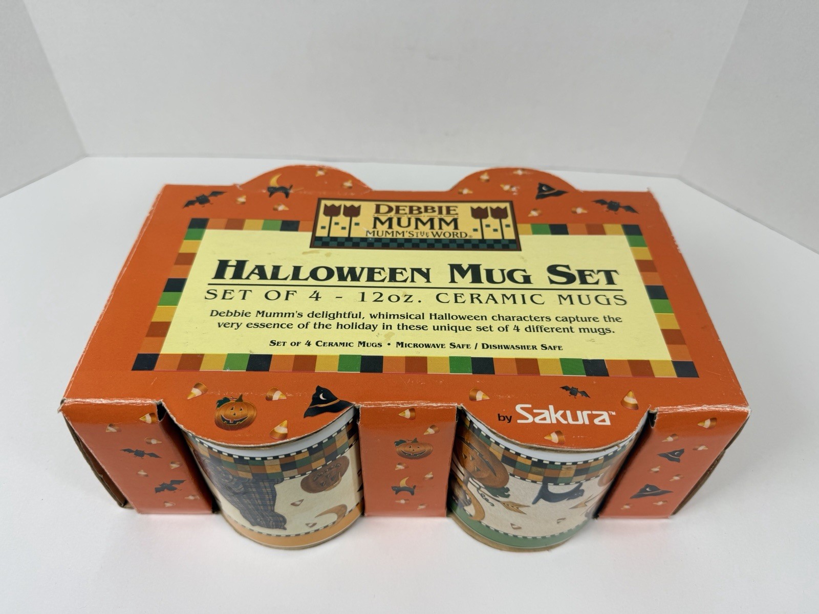Vintage 1998 Debbie Mumm Sakura Halloween Mug Set 4 Ceramic 12 Oz Boxed NOS