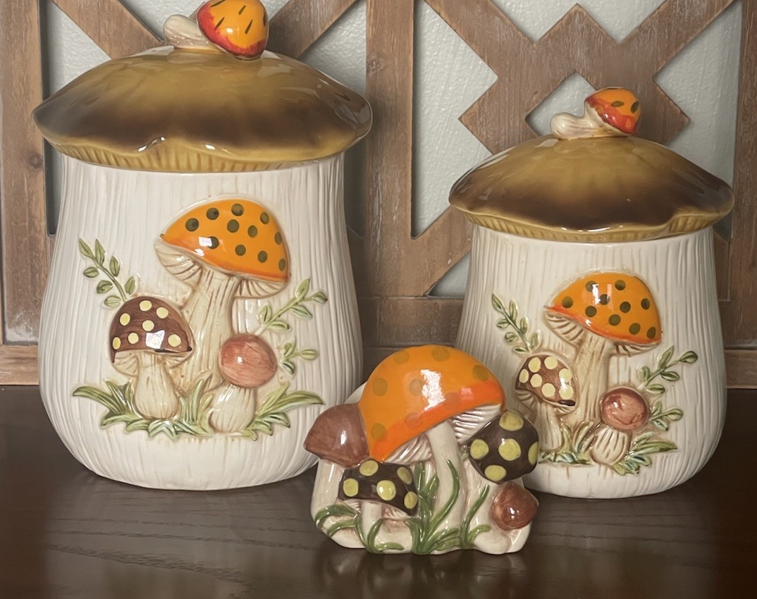 Vintage 1970s Merry Mushroom Ceramic Canister Set 3 Pc Orange Brown Retro