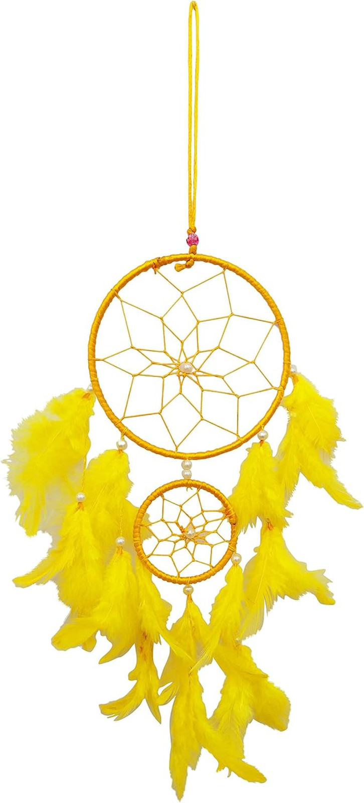 Boho Dream Catcher Yellow Faux Feather Handmade Web Double Ring Wall Hanging Win