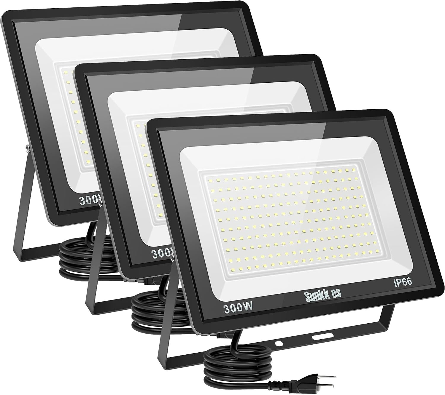 3 Pack 300W LED Flood Light Outdoor, IP66 Waterproof with Plug, 6000K Daylight W
