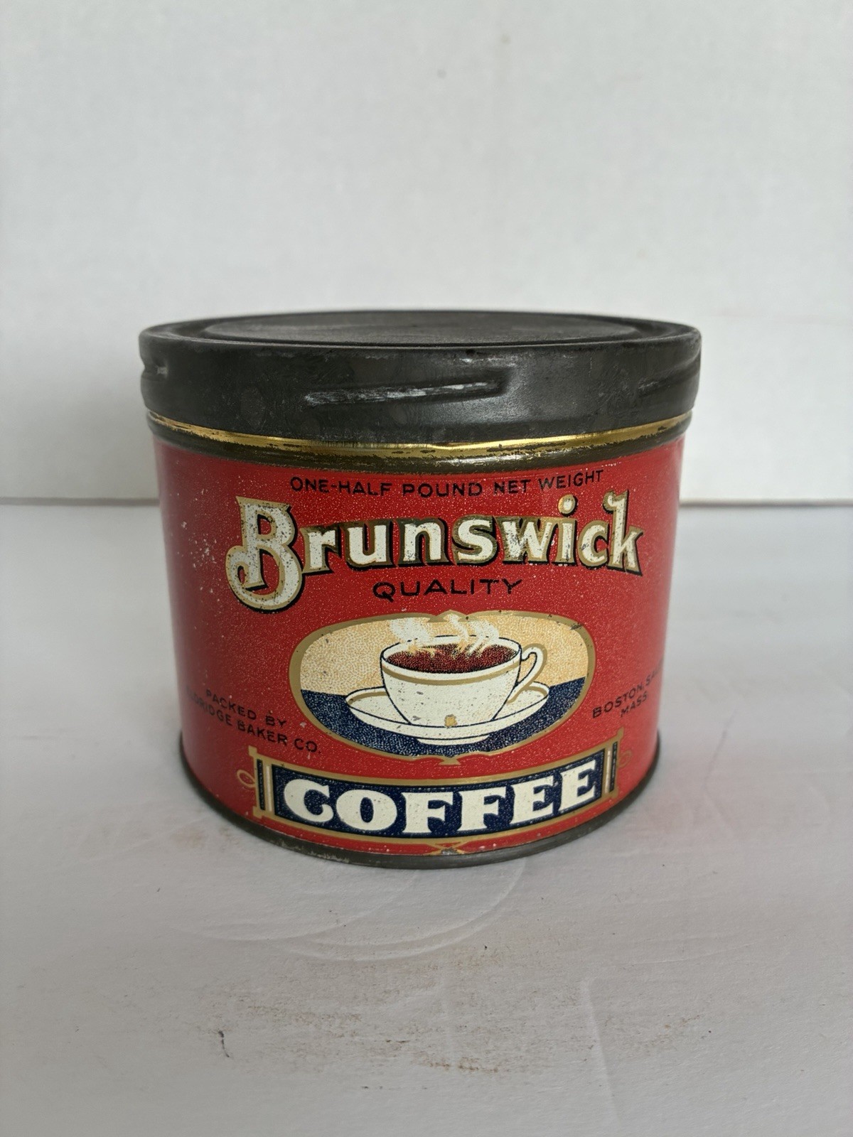 Rare Vtg Brunswick 1/2 lb Coffee Tin Can, Eldridge, Baker Co., Boston, Salem, MA