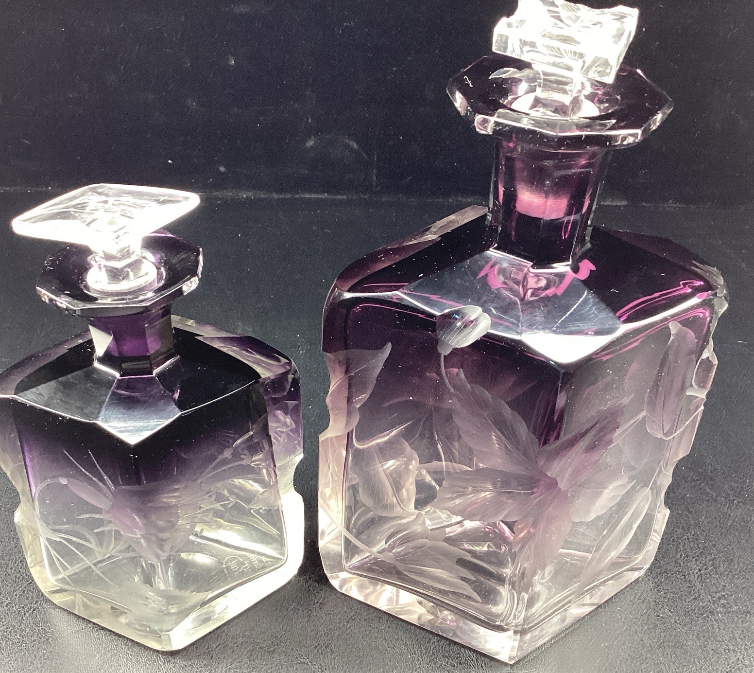 2 Pc. Antique Moser Karlsbad Hand Engraved Crystal Perfume Bottles - NICE