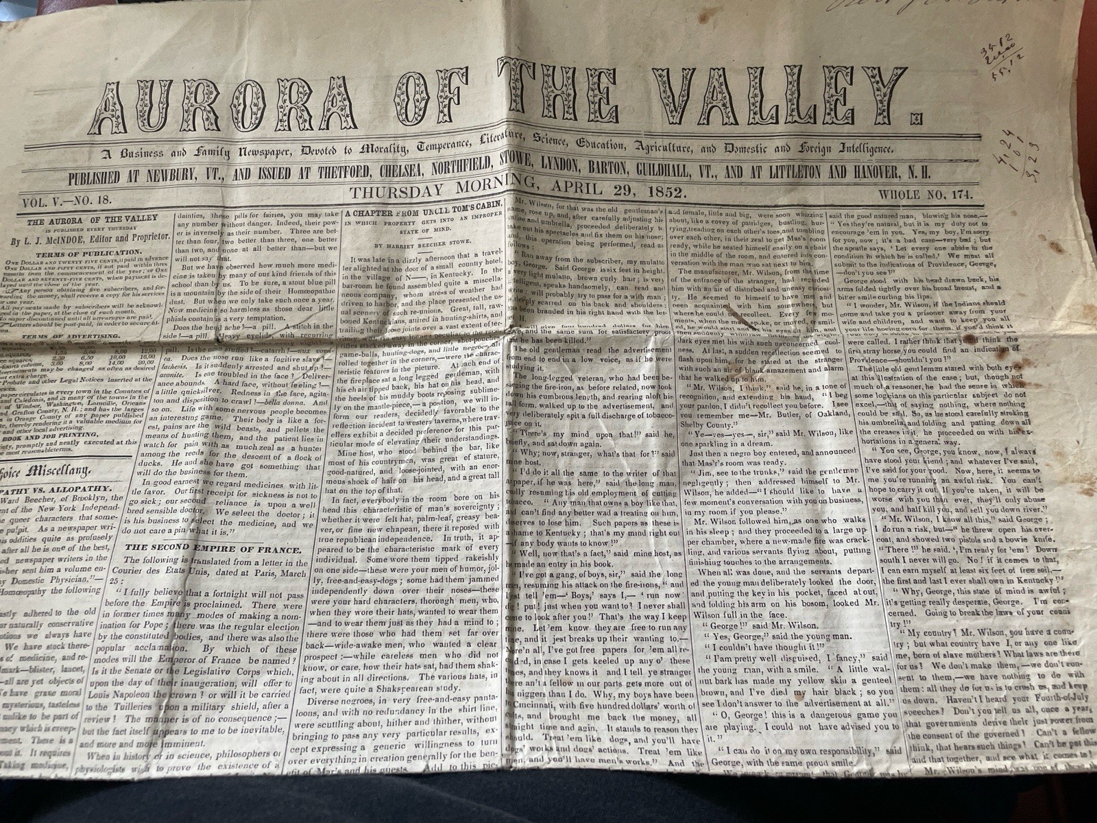 1852 Aurora of the Valley Newspaper Middlebury & Waltham VT  Temperance Vermont