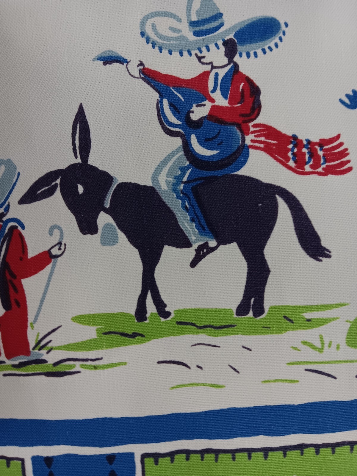 Vintage Mexican Tablecloth XL 52x64 Donkeys Dancing Fiesta Festive