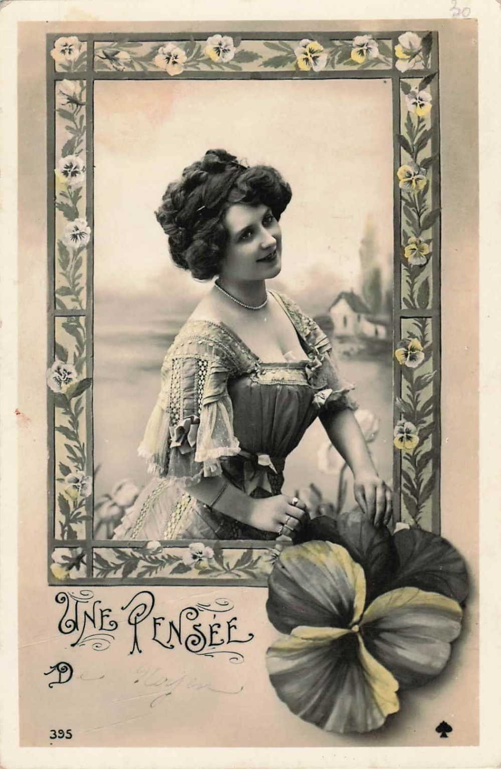 1911 French Art Nouveau Border Woman w/ Pansies \