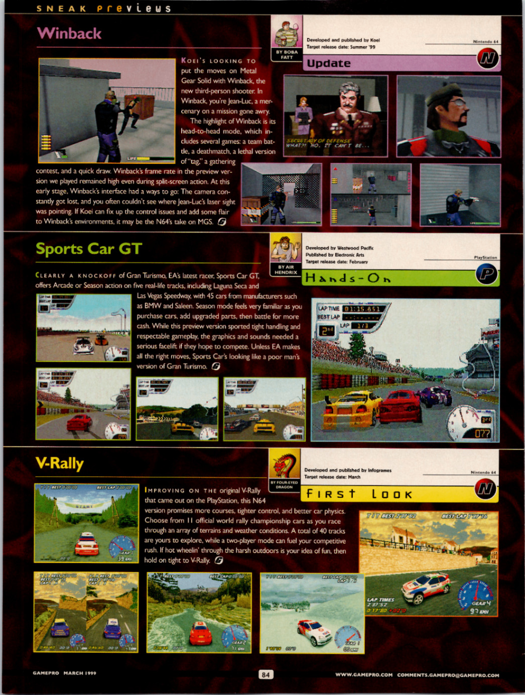 Vintage GamePro 1999 Article Ad Winback Sports Car GT V-Rally N64 PS1 Art