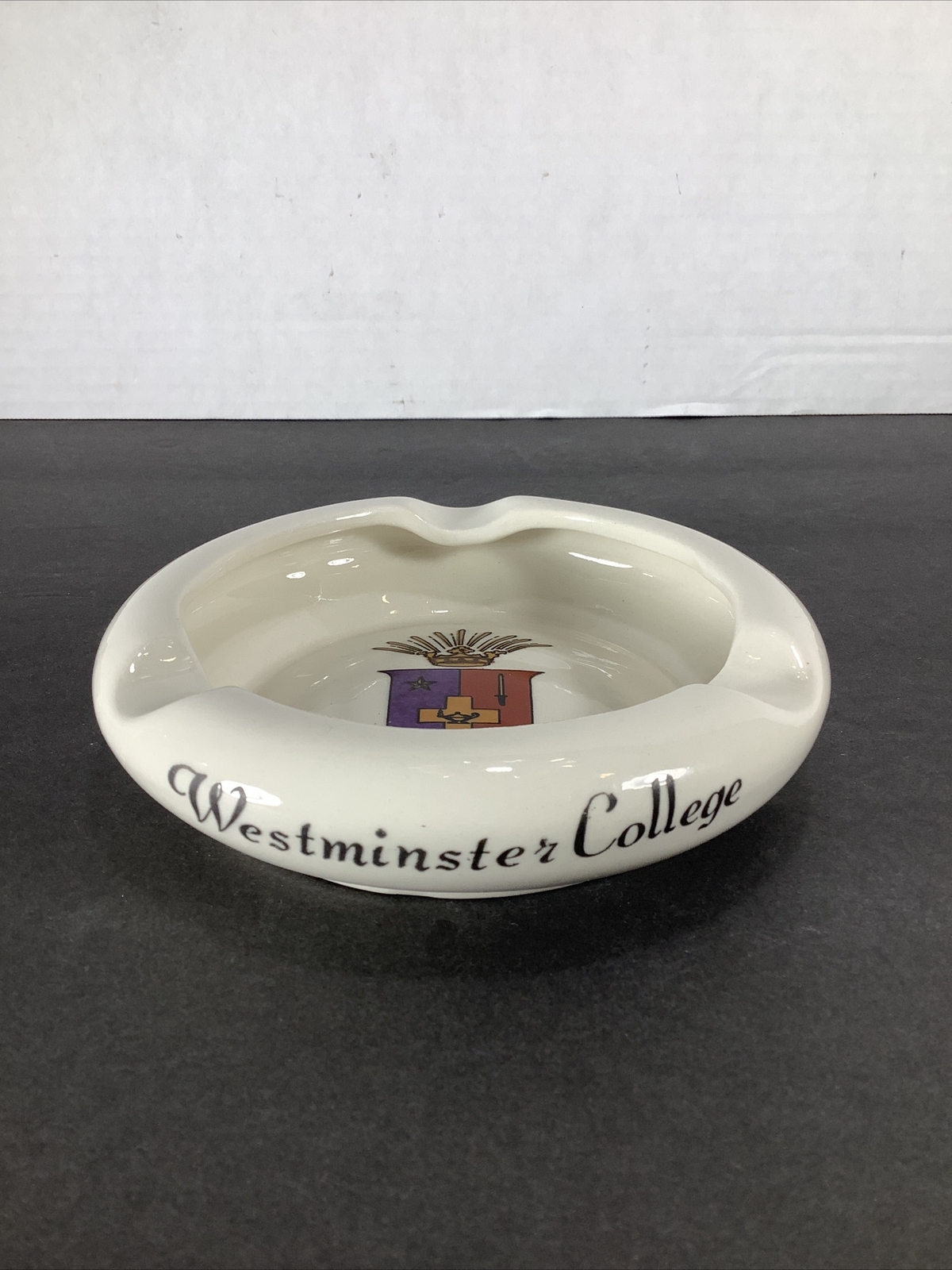 Vintage Ceramic “ Westminster College” Ashtray/ Trinket Dish~ Ivory