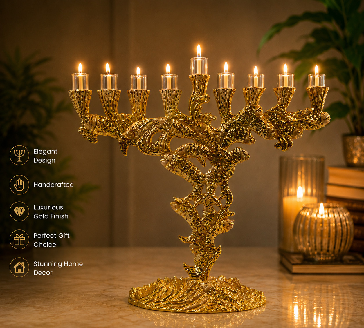 Handcrafted Gold finish heavy menorah, Chanukkiah celebration gifts, home décor