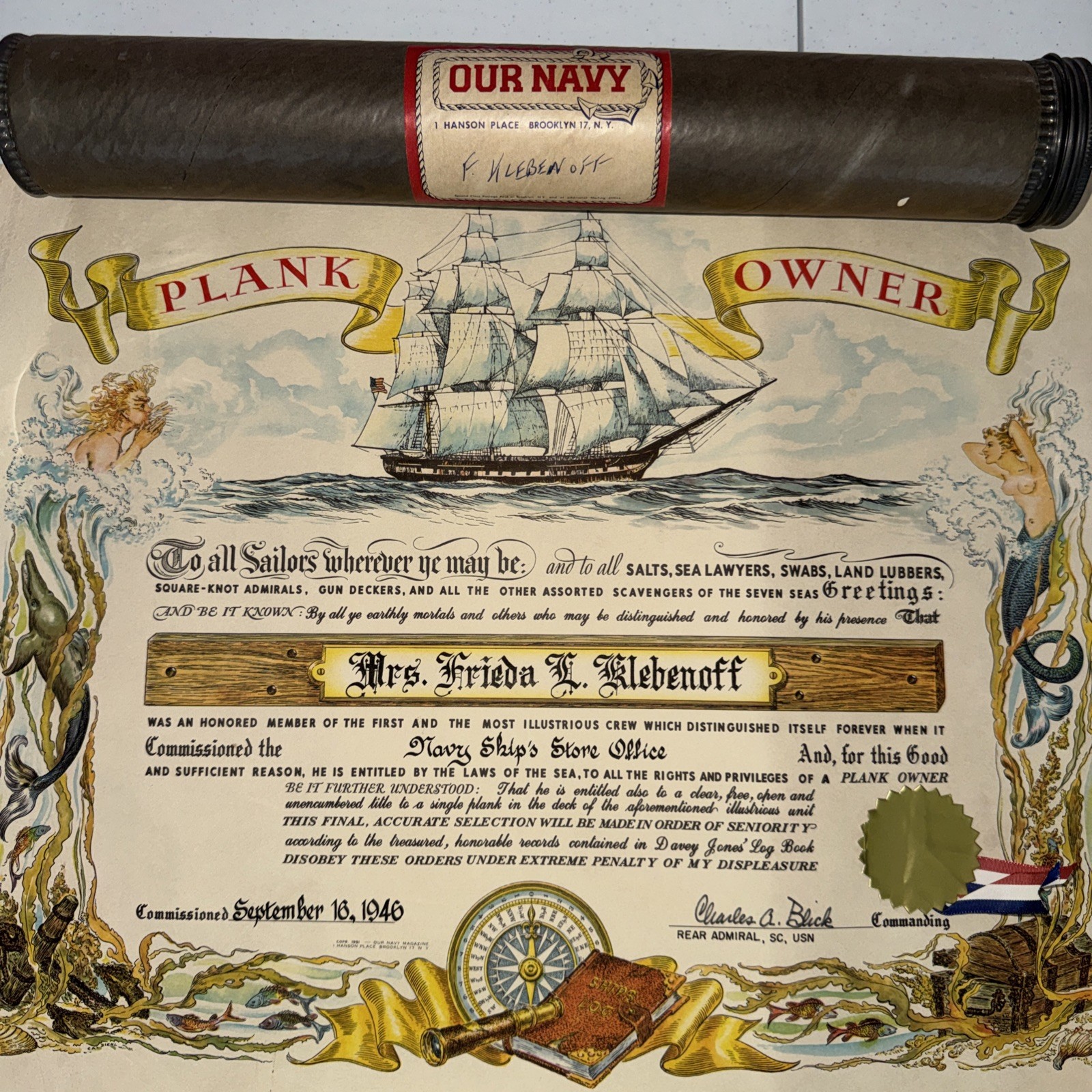 Vintage 1946 US Navy Plank Owner Certificate WWII Ships Store Office Tube WW2