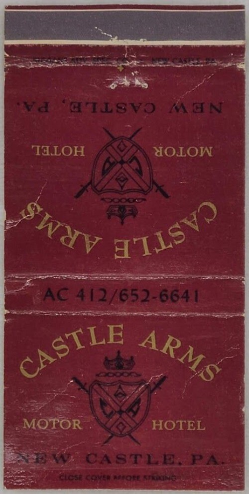 Front Strike Matchbook Cover Castle Arms Motor Hotel New Castle PA