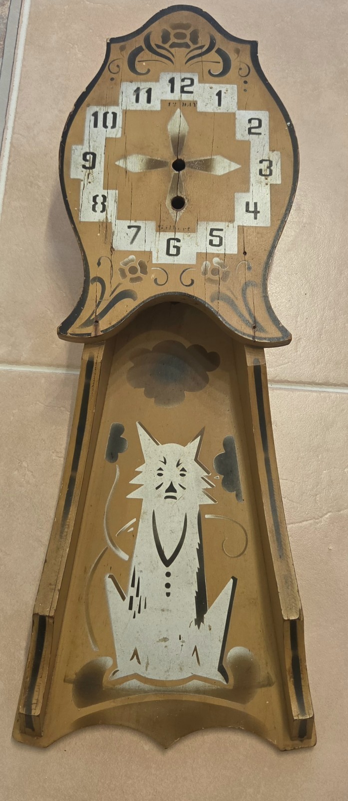 VTG Gilbert Empty Antique 12 Day Cat Wall Clock Casing With Pendulum, Folk Art