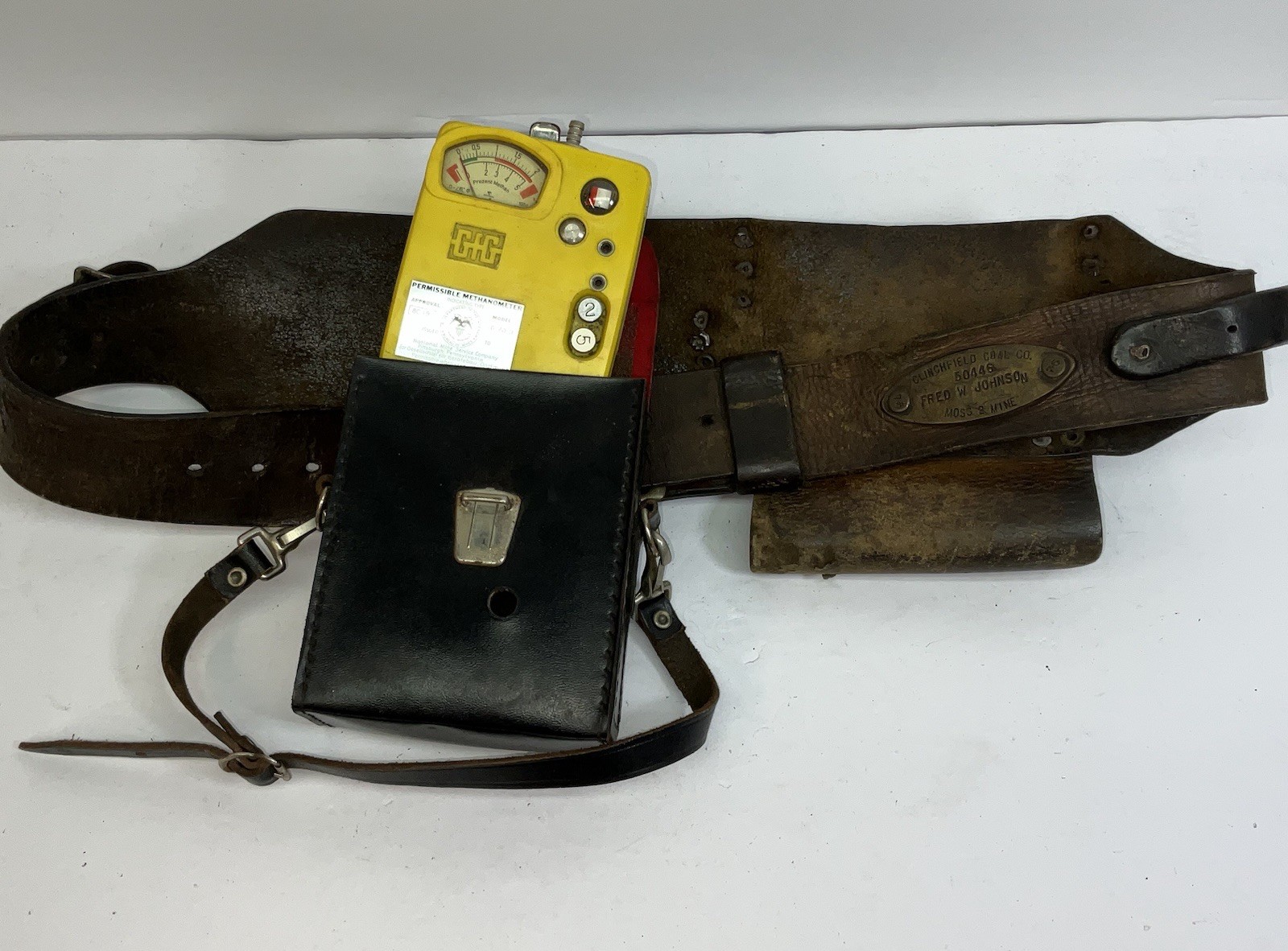 RARE VTG Clinchfield COAL MINING Supervisor Leather MINER\'S TOOL BELT / Meter