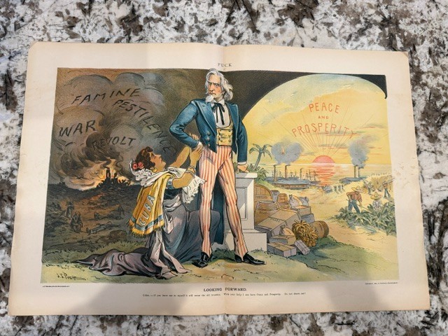 1899 PUCK LOOKING FORWARD UNCLE SAM CUBA PEACE PROSPERITY J S PUGHE PRINT