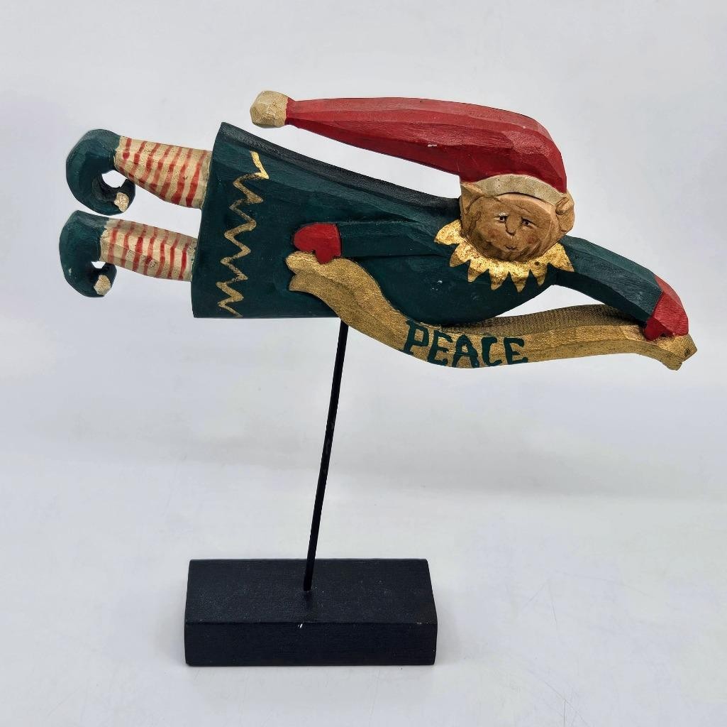 Vtg Mann Primitive Carved Wood Flying Elf Figurine Gold Metallic Peace Banner