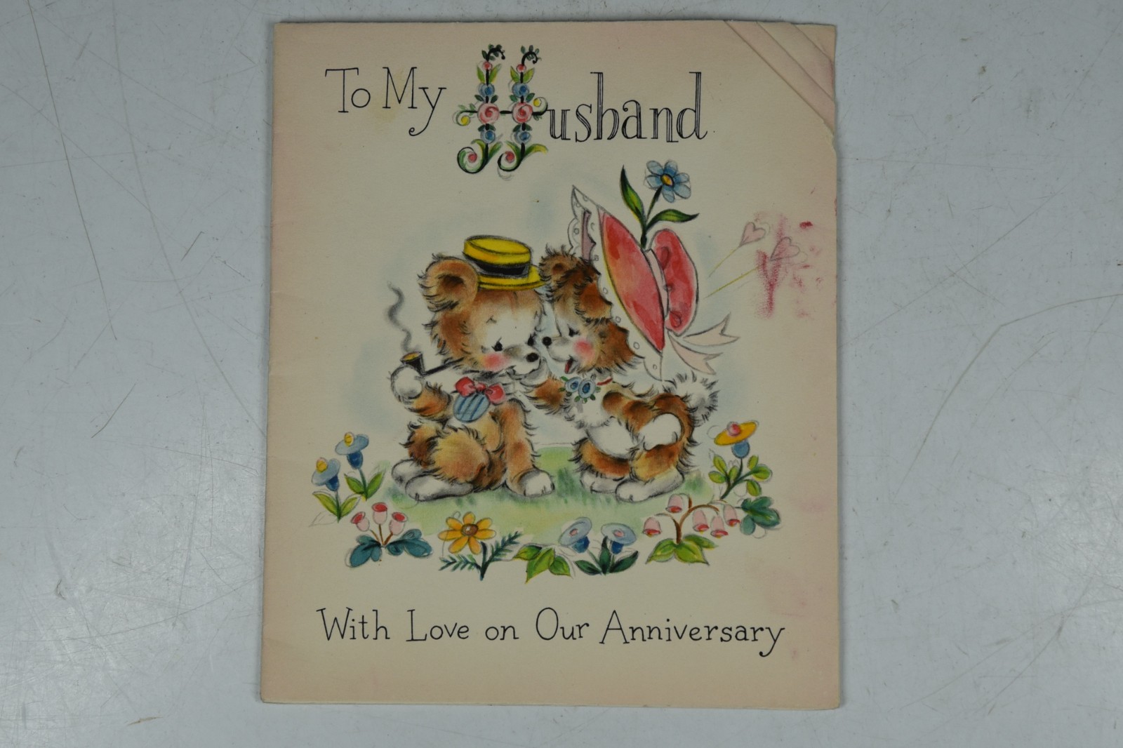 Vintage Husband Anniversary MCM Greeting Card Anthropomorphic Bears Butterfly