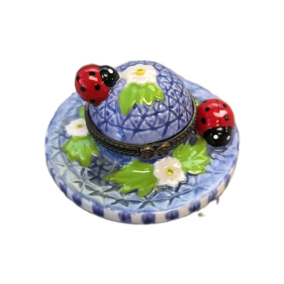 Darice Porcelain Hinged Trinket Box Ladybug Flower Mounded Limoges Style 3D
