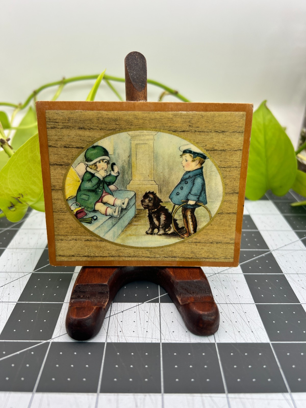 Vintage Miniature Victorian Style Art on Wood Block Sailor Boy Girl Dog 4x3.5