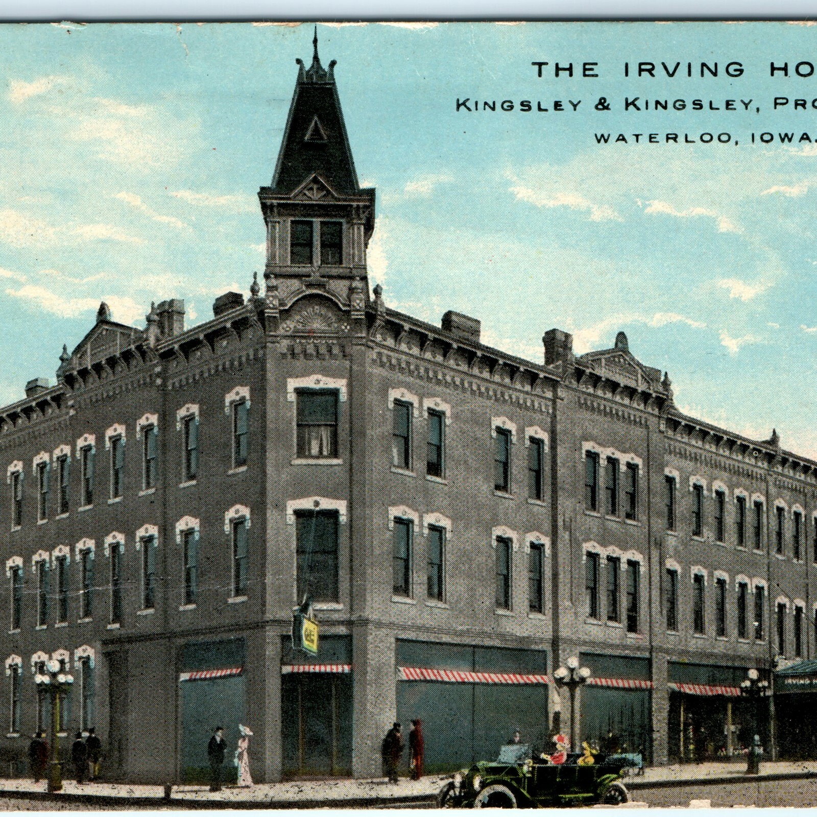 c1910s Waterloo, IA Irving Hotel Postcard Kingsley Proprietors Car Street View
