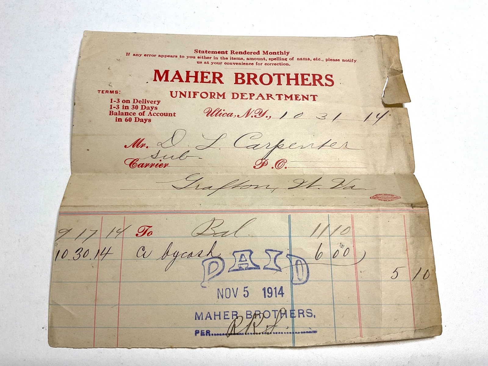 RARE 1914 WWI Era Maher Brothers Uniform Department Receipt Utica NY Antique