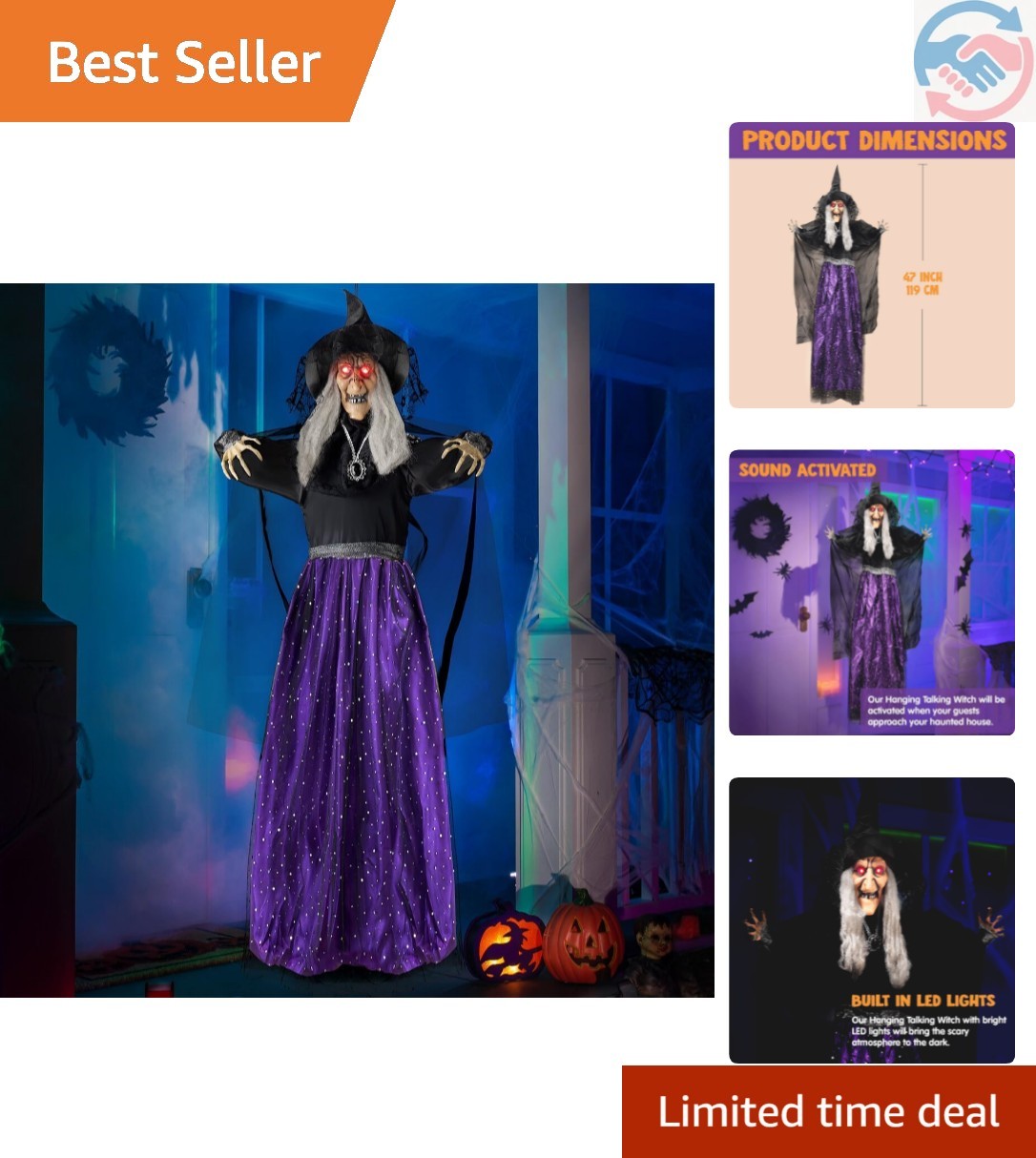 47” Animated Witch Halloween Decorations Outdoor Indoor, Scary Halloween Anim...