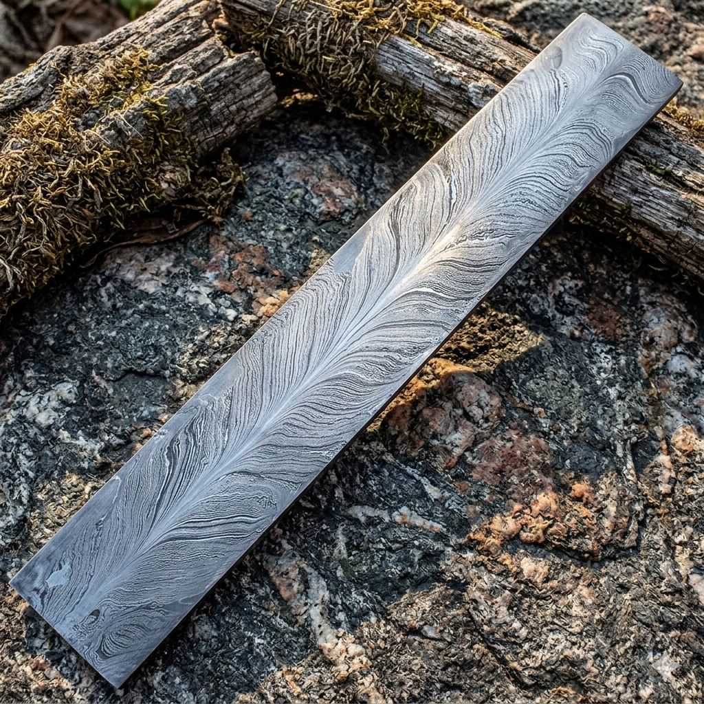 12x2 in Hand Forged Blank Billet Bar Damascus Steel Knife Making Feather Pattern