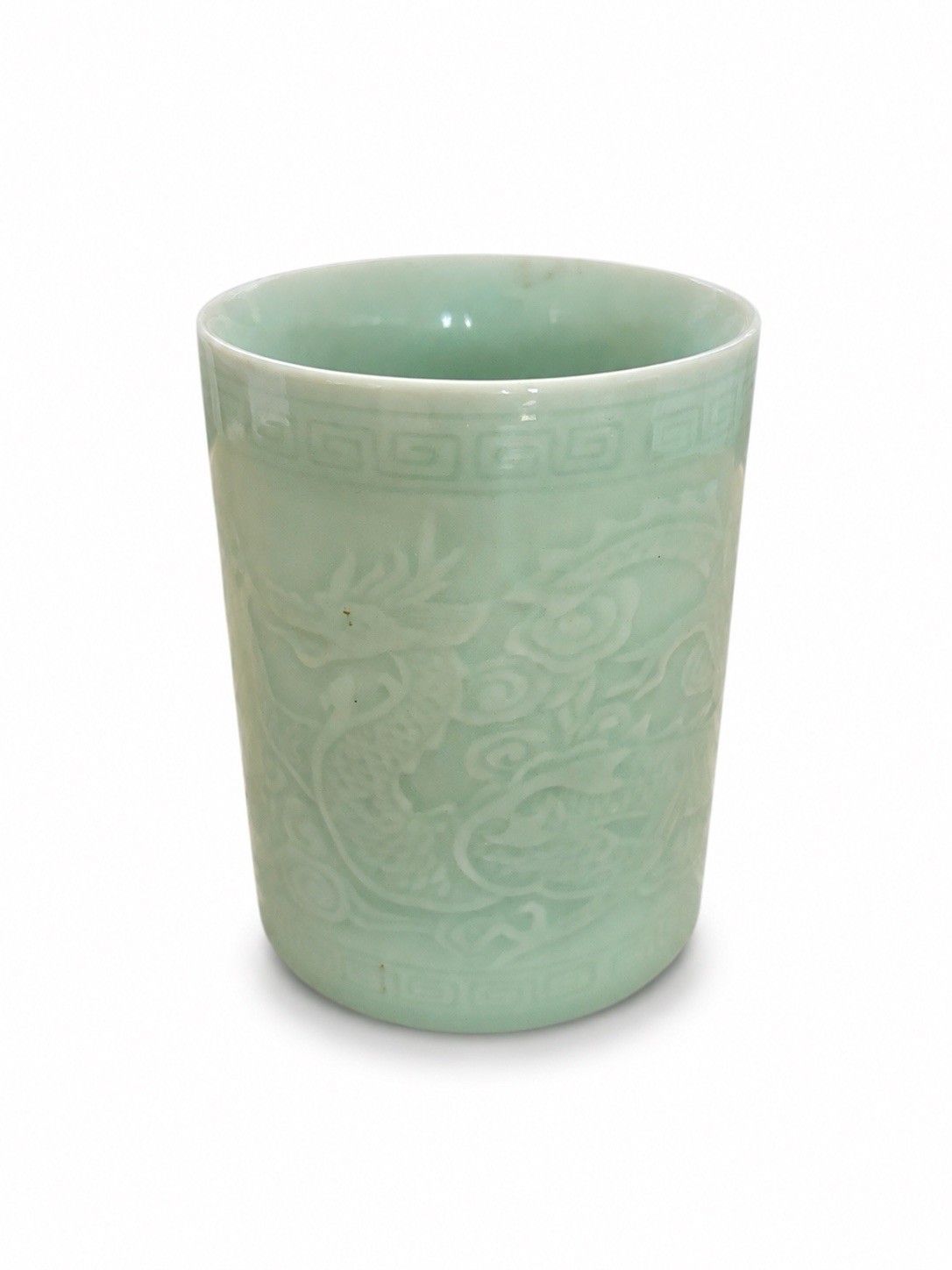 Vintage Asian Chinese Celadon Green  Brush Pot Cylindrical Vase Dragon  5.25”