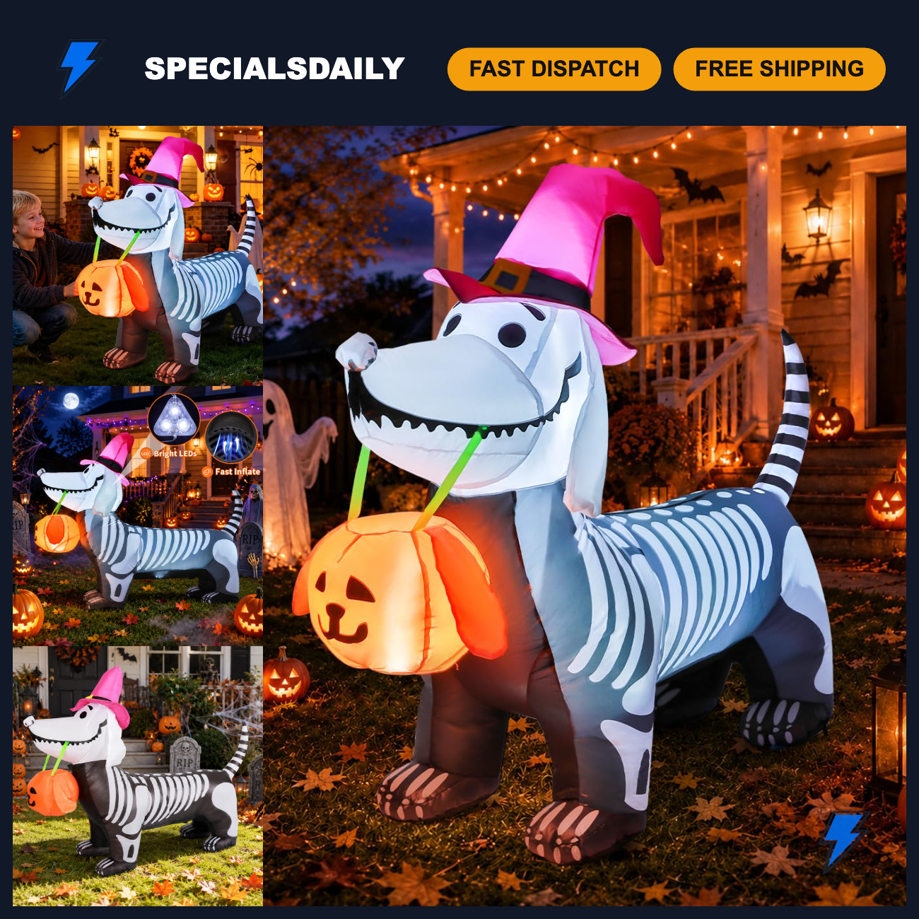5.5FT Halloween Inflatable Skeleton Puppy Yard Decoration with LED Lights, Blow