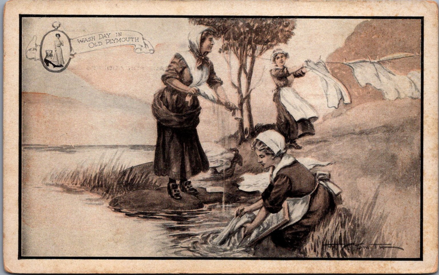 Old Plymouth Wash Day Postcard - Walk-Over Shoes Ad - Early 1900s Americana