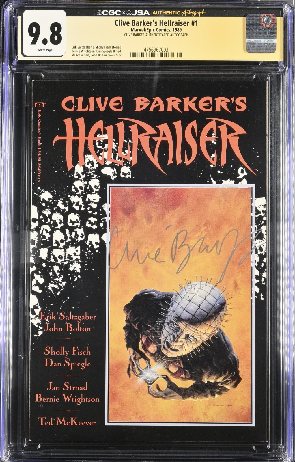 Clive Barker Signed Hellraiser #1 CGC 9.8 Top Of Census White Pages Marvel 1989