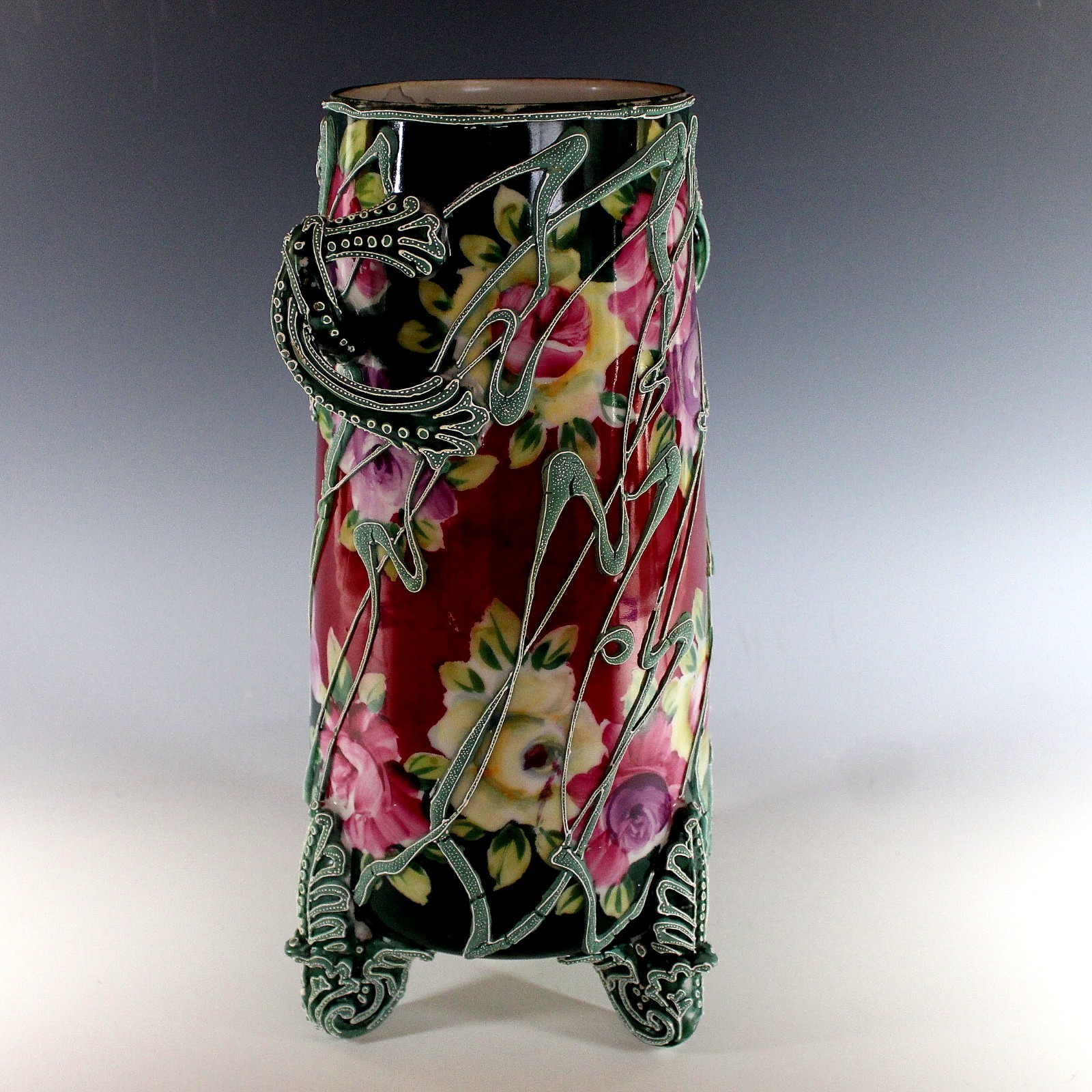 Antique Moriage Nippon Porcelain 13.5 inch Footed Vase