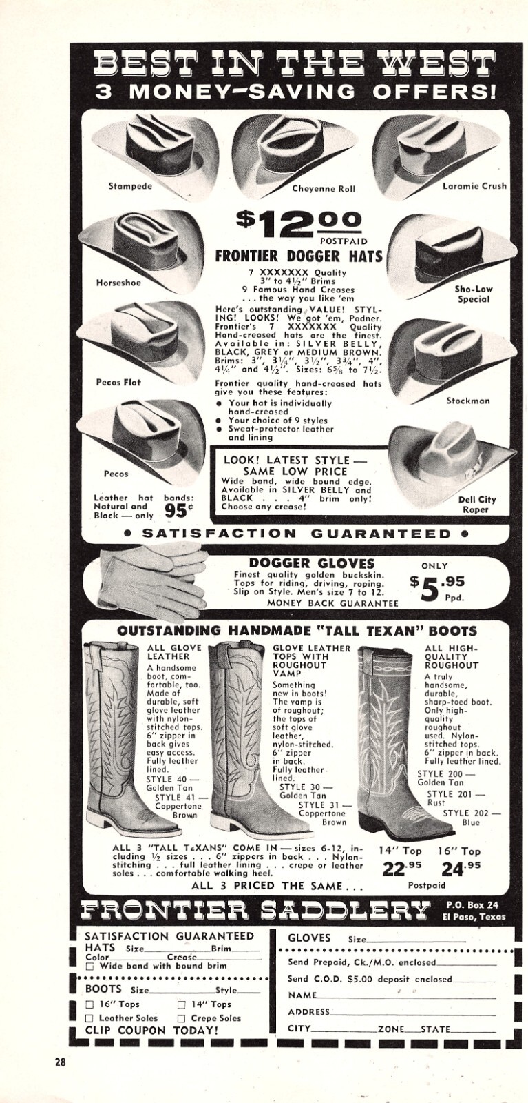 Frontier Saddlery Western Cowboy Boots Dogger Hats El Paso TX Vtg Mag Print Ad