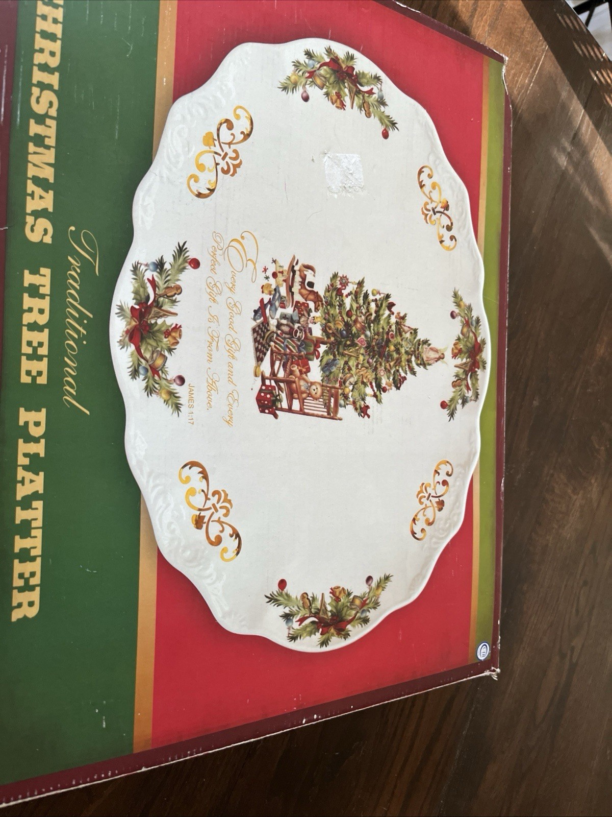 Vintage Traditional Christmas Tree Platter Scripture James 1:17 Oval Serving Box