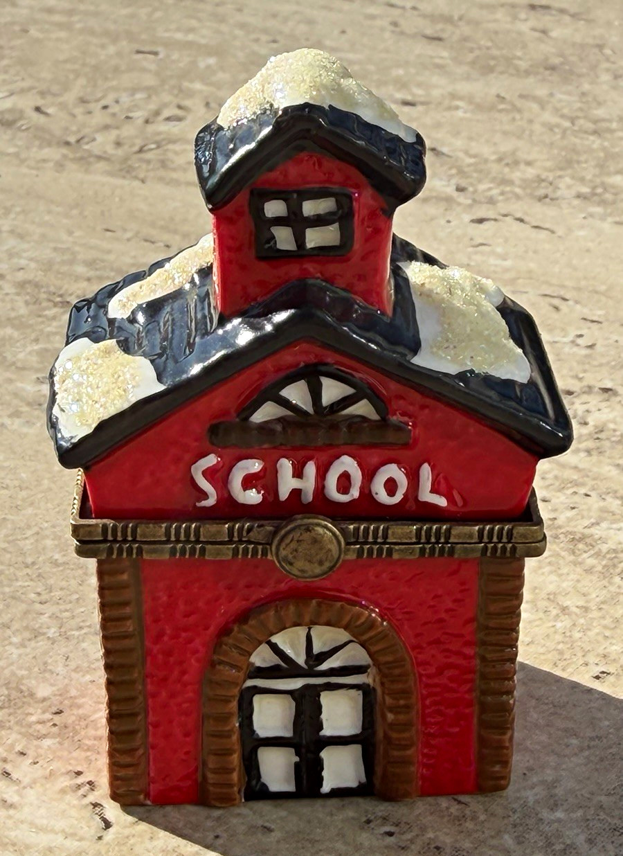 Darice 3.5” Porcelain School House Hinged Trinket Box Snow Christmas #2618-02