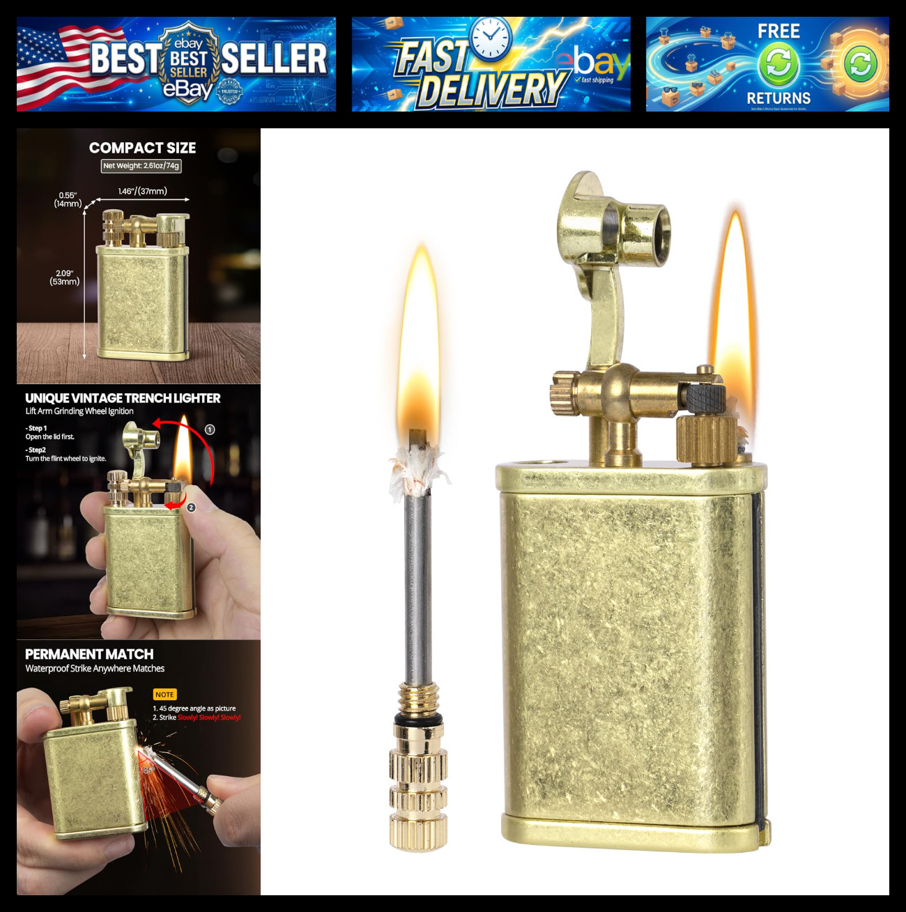 Vintage Trench Lighter, Permanent Match, Cool Pipe Lighter for Men