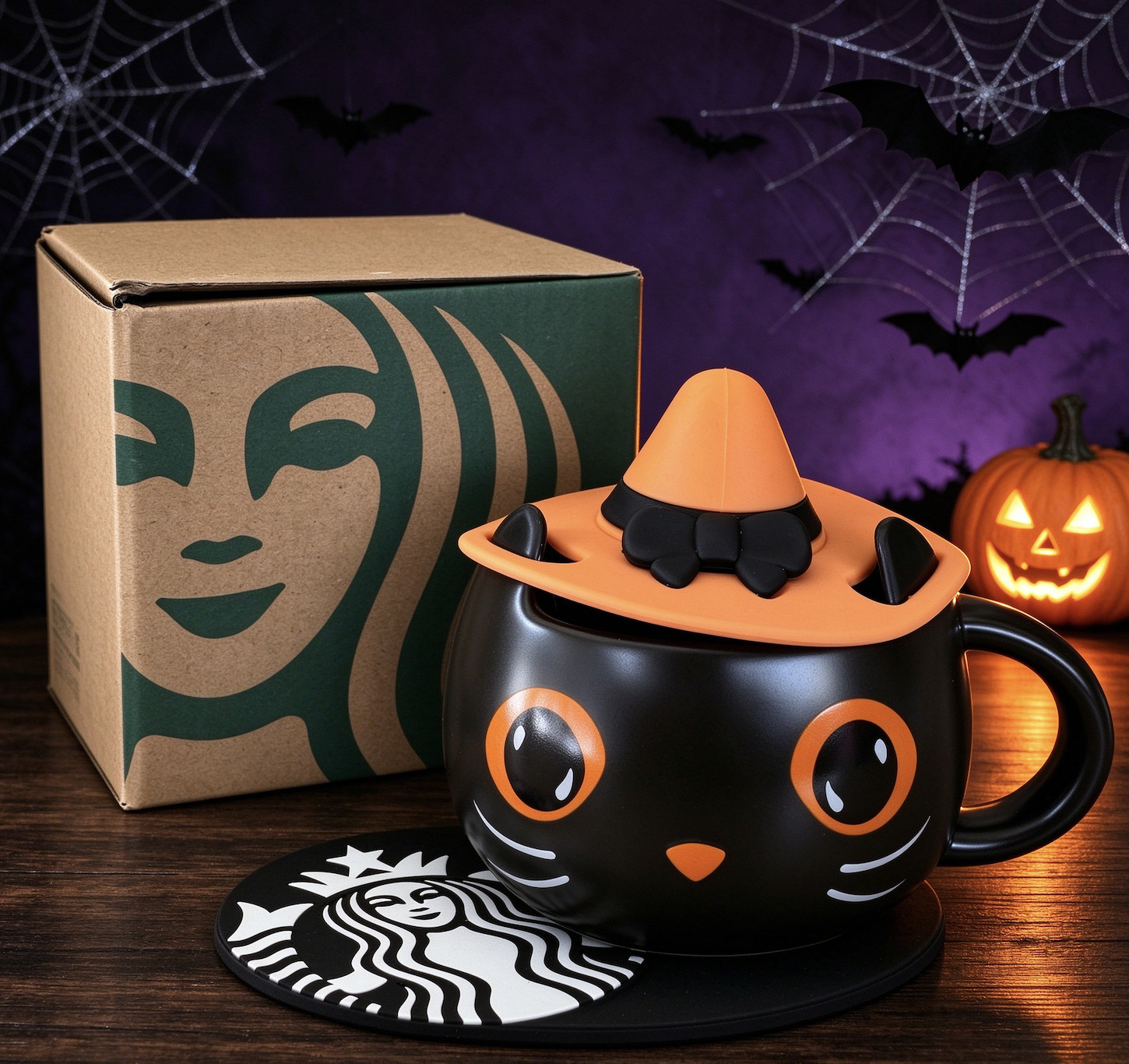 NEW HOT Starbucks Halloween Black Cat Coffee Mug with Cover Coaster Gift Limited
