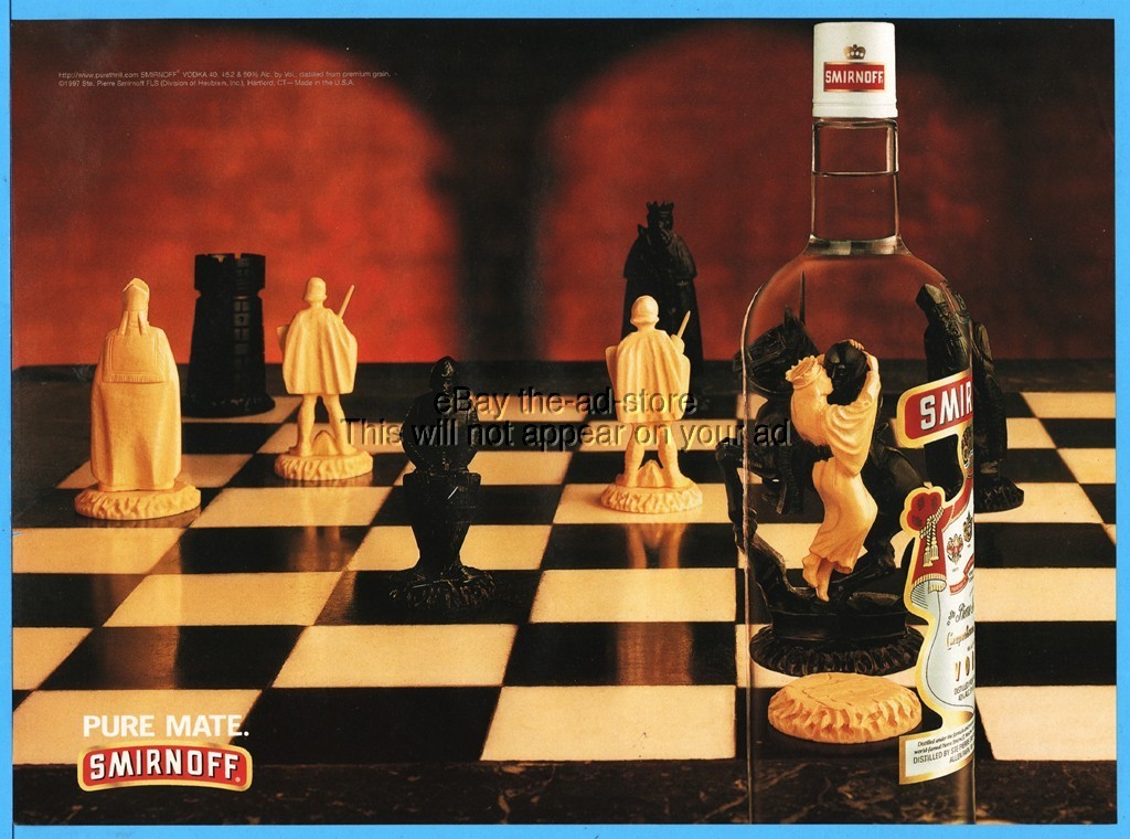 1997 Smirnoff Vodka Chess Set White Queen Kissing Black Knight Board Photo Ad
