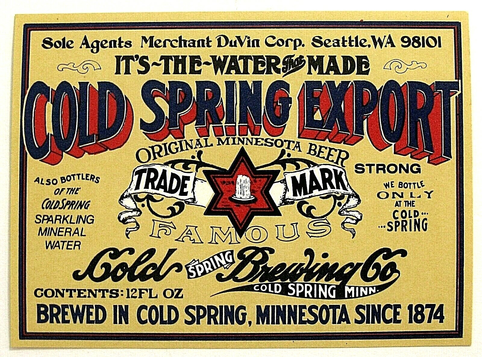 Cold Spring Brewing COLD SPRING EXPORT- STRONG beer label MN 12oz