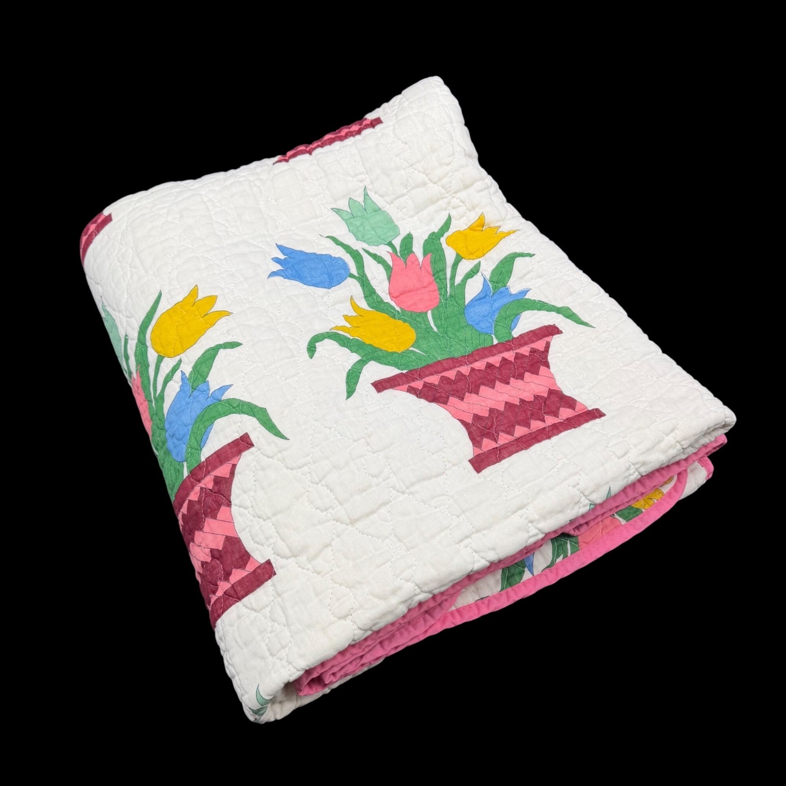 Vintage Handmade Blanket Tulip Basket Floral Quilted Pink Blue Yellow 65 by 75