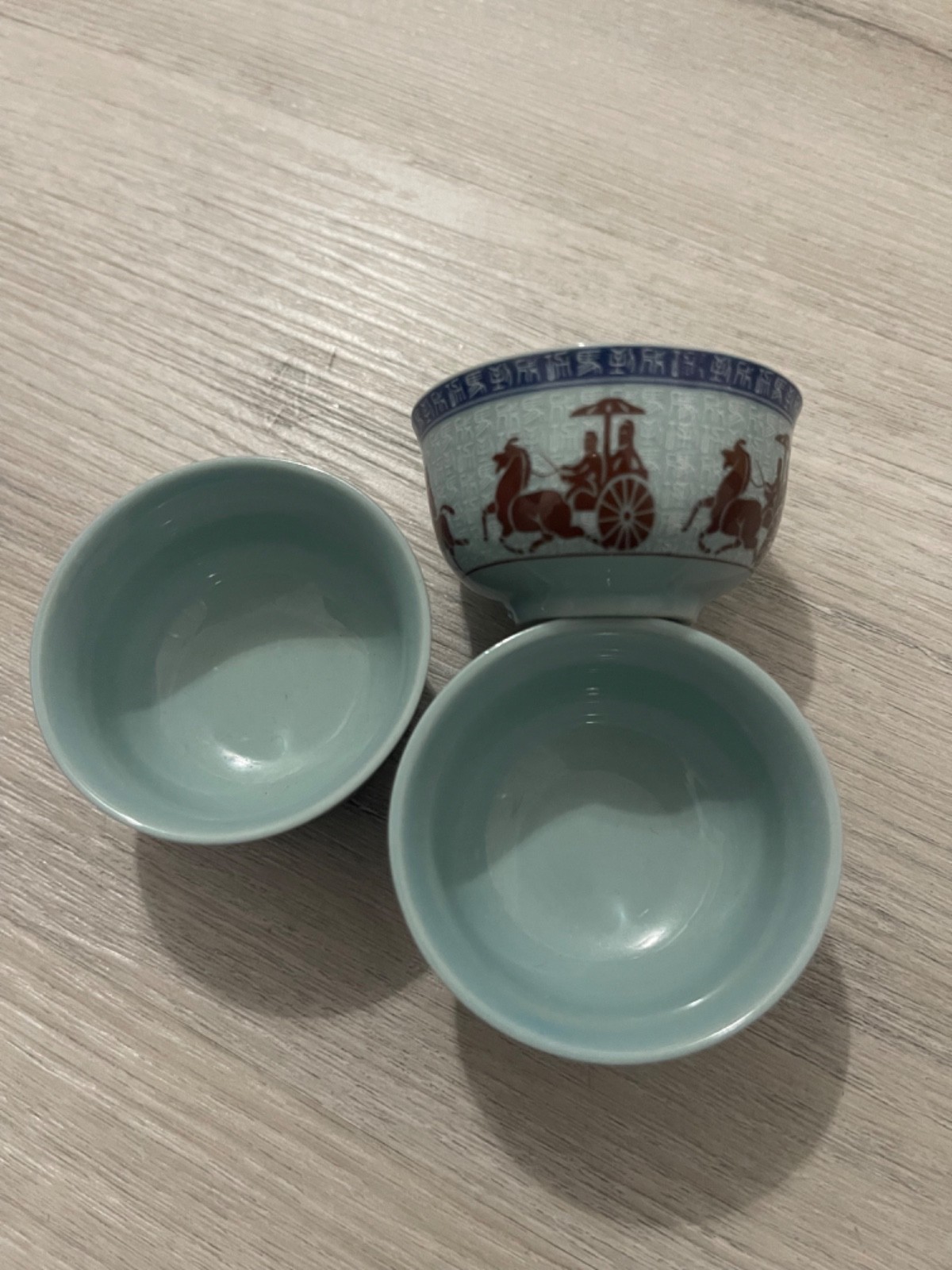 Vintage Chinese Porcelain Tea Cups Set of 3 Celadon Green Underglaze Red Xiguan