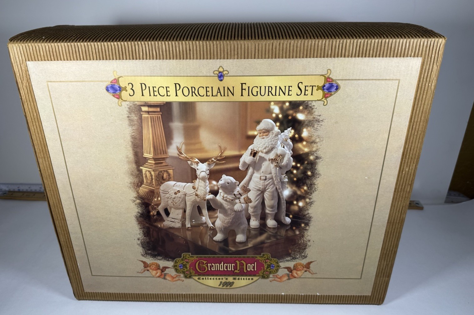 Grandeur Noel 3 Piece Porcelain Figurine Set/ Santa Reindeer Polar Bear '99 NEW