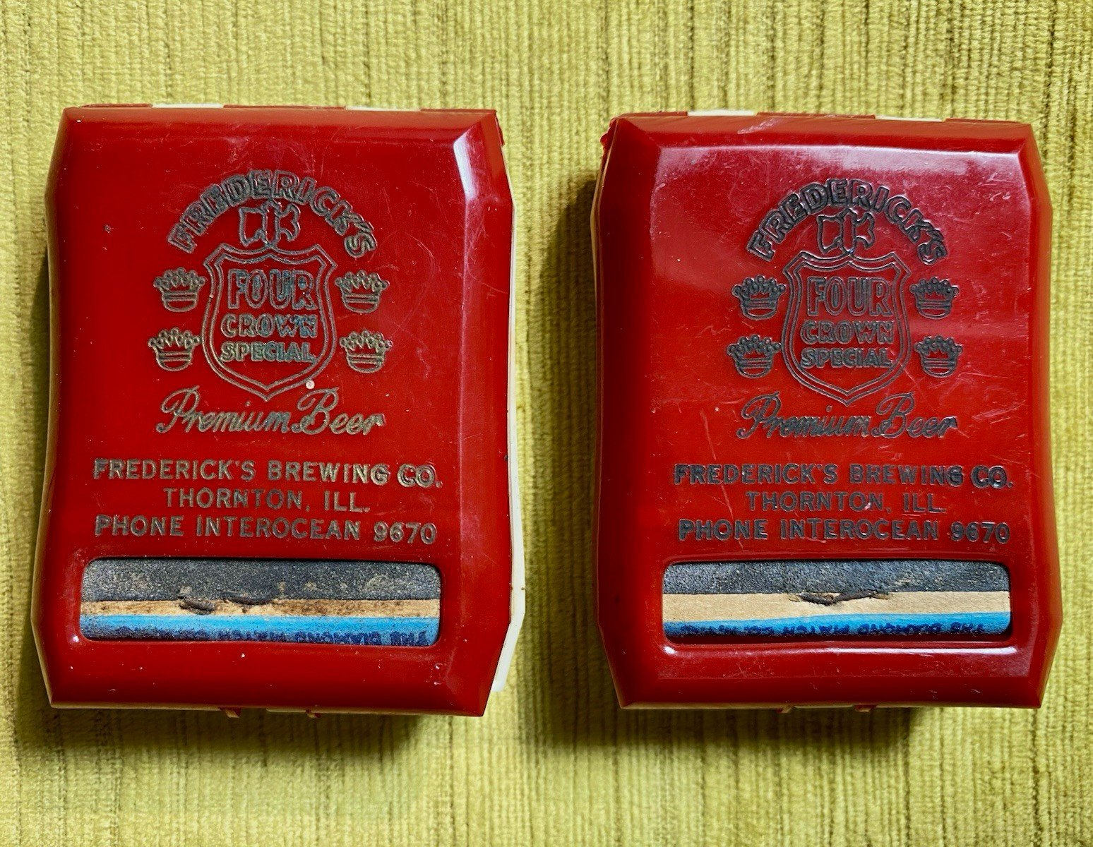 Vintage Celluloid Matchbook Cover Holder Fredericks Beer Thornton IL Lot of 2
