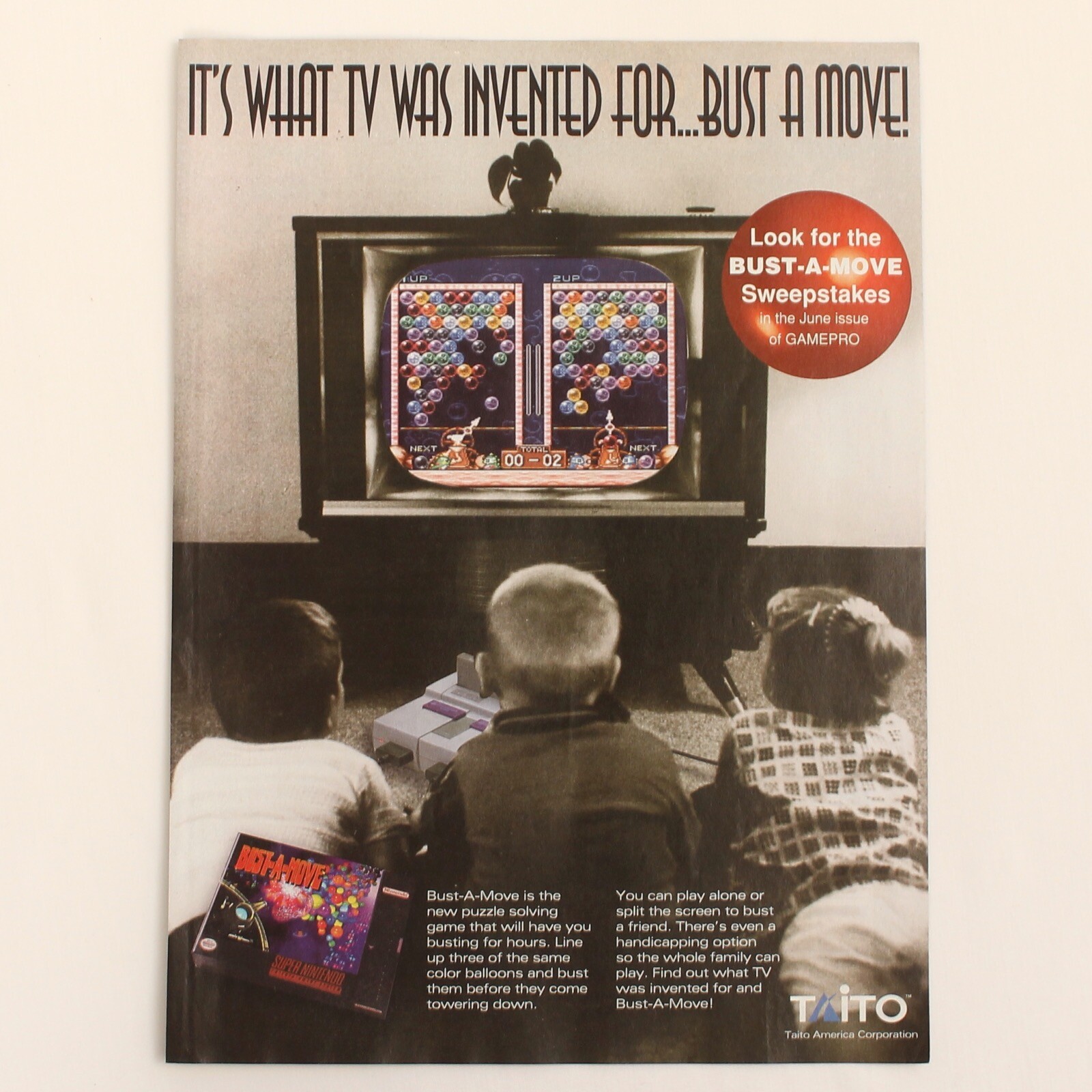 Vintage Taito ‘Bust-A-Move’ Nintendo SNES Original Print Advertisement from 1995