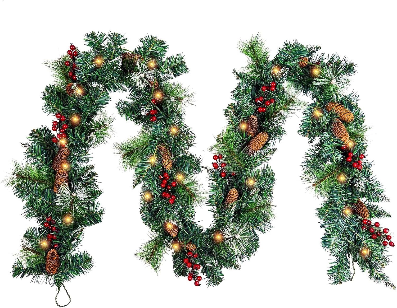 Manlatini 9ft Pre-Lit Christmas Garland Battery LED Pine Cones Red Berries