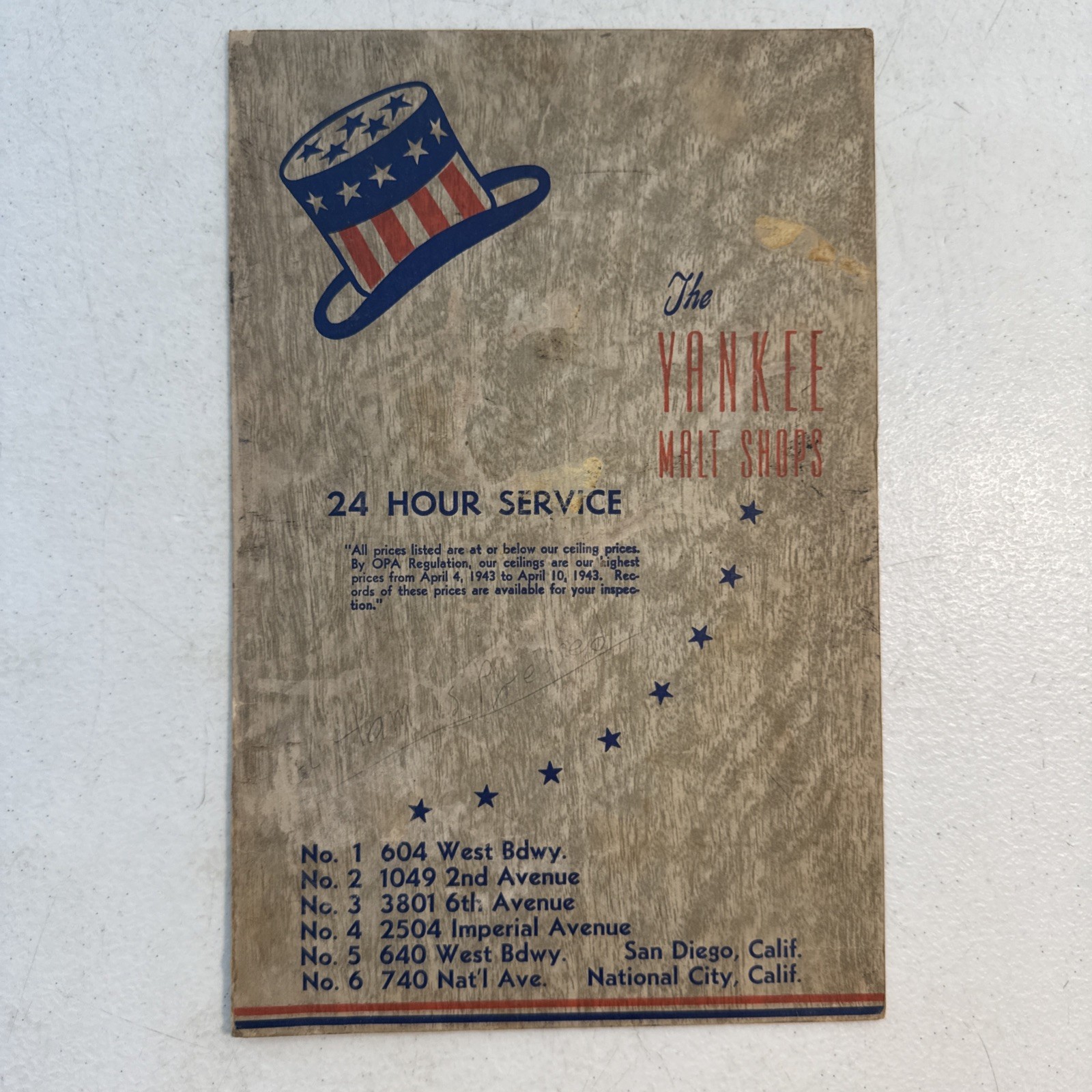 Vintage 1940’s The Yankee Malt Shops Menu California