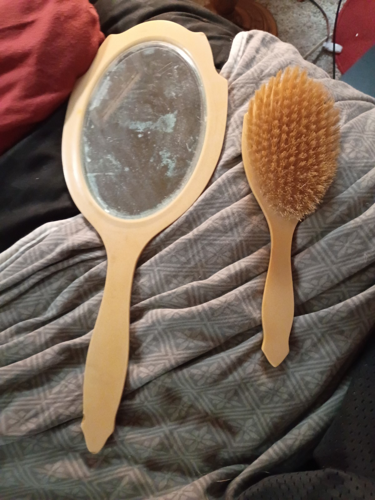 VINTAGE CELLULOID HAND MIRROR AND HAIR BRUSH BAKELITE?