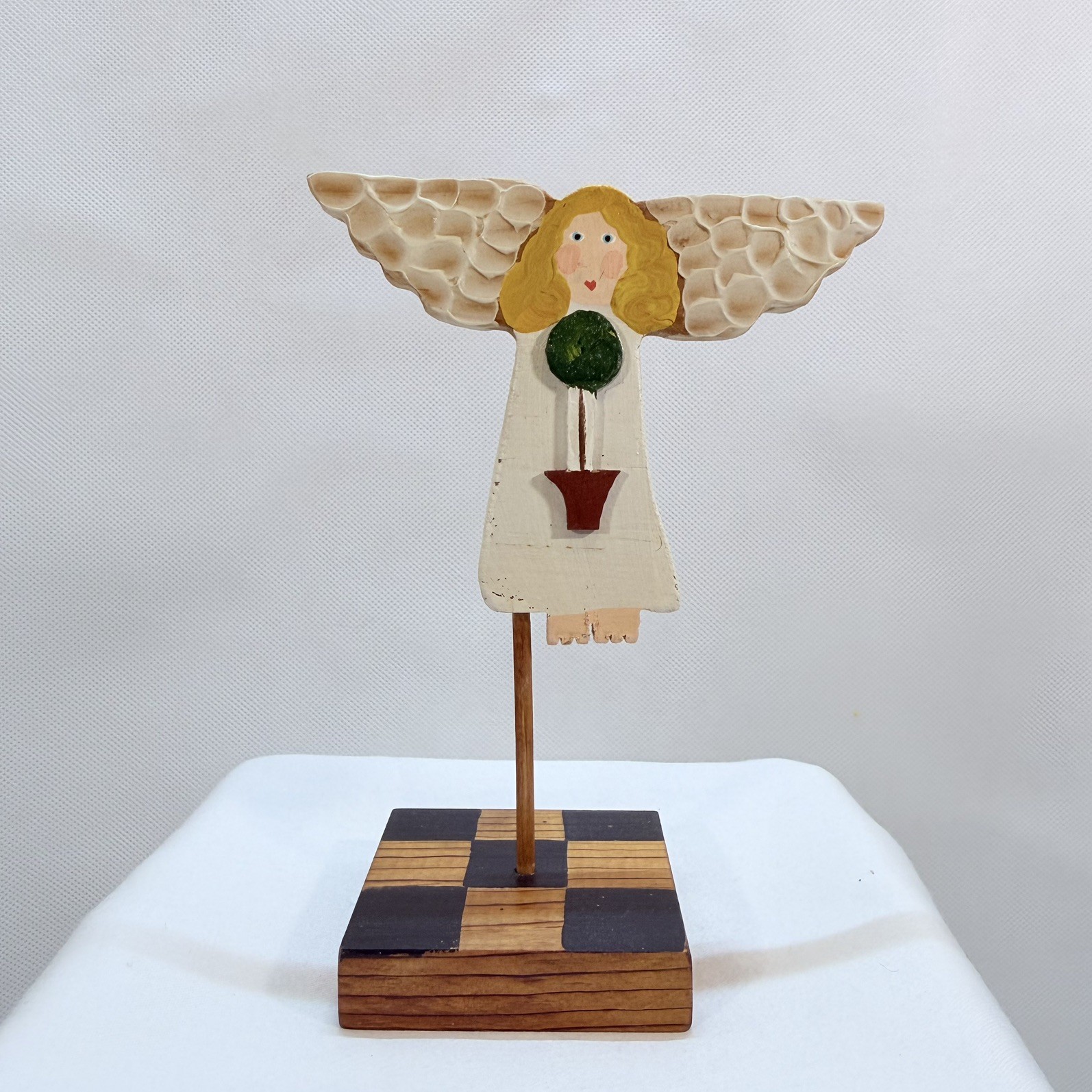 Vintage Nancy Thomas Primitive Folk Art Angel 1996 Hand Painted Wood w Topiary